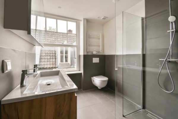 modern bathroom with gray tile walls